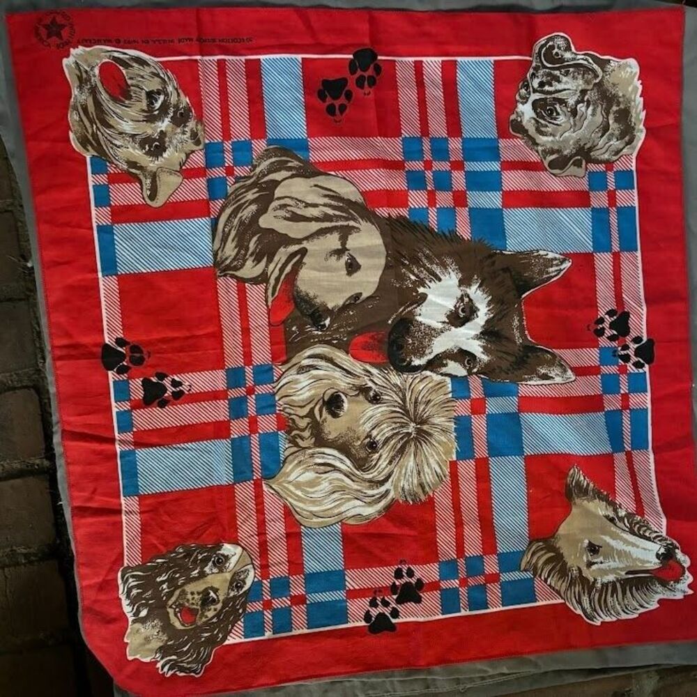 Vintage  80s WAMCRAFT DOGS Plaid  50/50 BANDANA rn 14193  New
